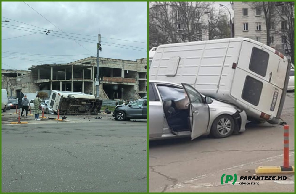 VIDEO // Accident grav la Botanica. Un microbuz s-a răsturnat peste o mașină după ce a fost lovit de alta
